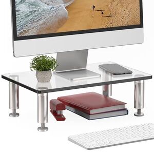{FITUEYES} Glass Monitor Stand Riser with Adjustable silver legs DT103801GC